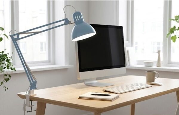 Klassische Gelenkarmleuchte in mit verstellbarem Gelenkarm und Tischhalterung, erhältlich mit drei verschiedenen Tageslichtlampen in unterschiedlichen Wattzahlen.
