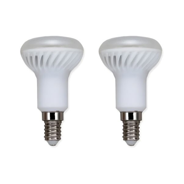 Zwei flimmerfreie 5 Watt LED Tageslichtlampen mit E14 Fassung zur Unterstützung des Pflanzenwachstums. Die R50 Reflektorbirnen erzeugen 450 Lumen bei einer tageslichtweißen Farbtemperatur von 6500 Kelvin auf weißem Hintergrund.