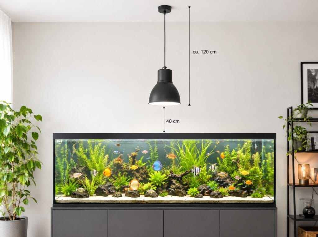 Eine lebendige Unterwasserlandschaft mit dichtem, sattgrünem Pflanzenwuchs und kunstvollen Wurzeln, die von kleinen Fischen belebt und durch das Tageslicht der Uranus Aquariumleuchte perfekt in Szene gesetzt wird.