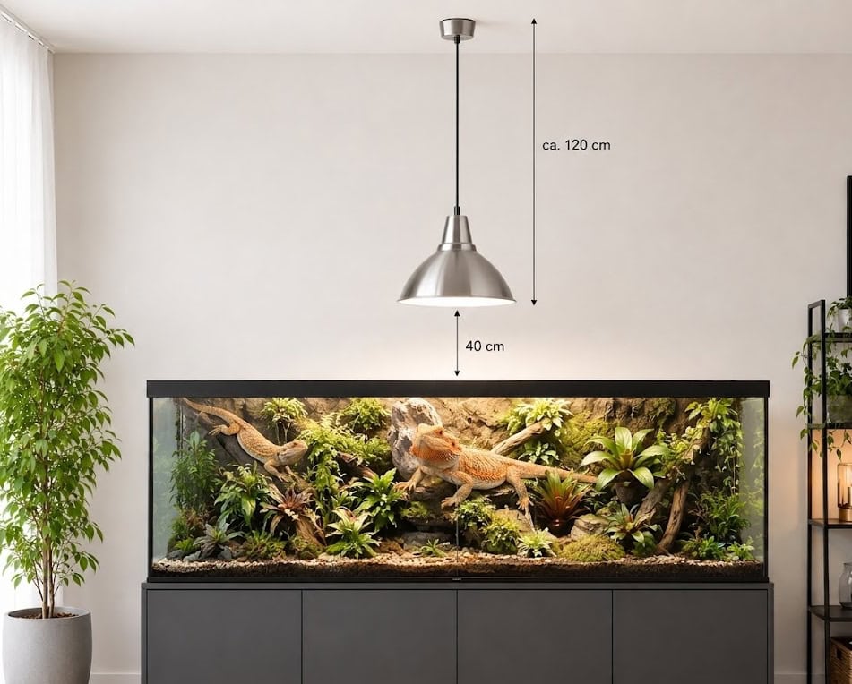 Eine lebendige Dschungellandschaft im Glasterrarium mit dichtem, sattgrünem Pflanzenwuchs und kunstvollen Wurzeln, die von kleinen Echsen oder Fröschen belebt und durch das Tageslicht der Pluto Terrarienleuchte perfekt in Szene gesetzt wird.