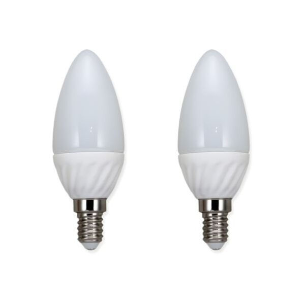 Schreibtisch LED Tageslichtlampe 4W 300lm 6500K E14 flimmerfrei Zwei moderne LED-Leuchtmittel in Kerzenform mit mattweissem Glaskörper und einem schmalen E14-Schraubgewinde. Das Gehäuse direkt über dem Gewinde hat eine leicht geschwungene Rillenstruktur. Die Lampen sind nebeneinander vor einem neutralen weissen Hintergrund abgebildet.