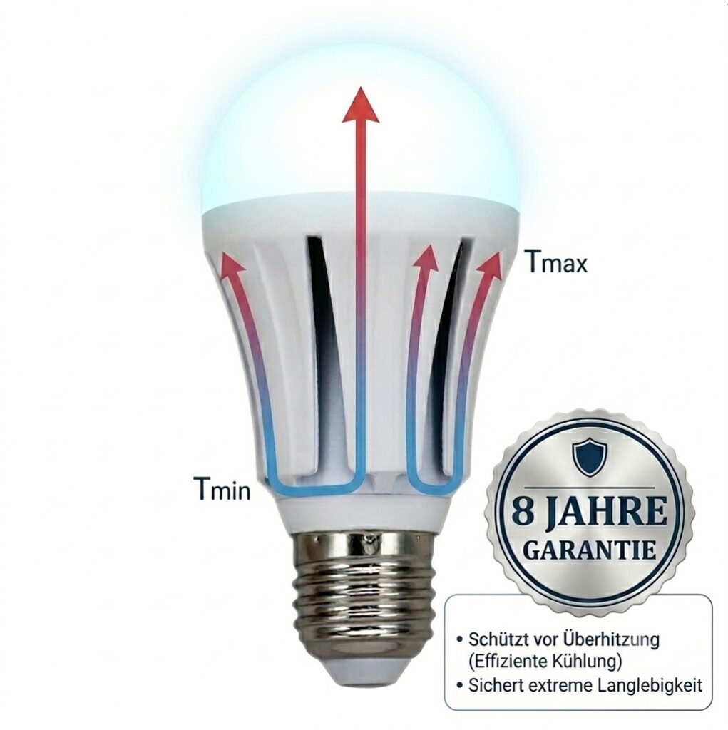 Anzeige für eine weiße LED-Lampe vor weißem Hintergrund. Links strahlt die Lampe helles, kühles Licht aus. Pfeile visualisieren die Wärmeableitung, indem sie unten blau starten und nach oben hin rot werden, beschriftet mit Tmin und Tmax. Rechts daneben befindet sich ein silbernes, kreisförmiges Siegel mit der Aufschrift 8 JAHRE GARANTIE. Ein Textfeld darunter nennt als Vorteile den Schutz vor Überhitzung durch effiziente Kühlung sowie eine extreme Langlebigkeit.
