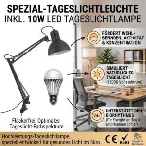 Schreibtischleuchte Antlia inkl. Vollspektrum LED Tageslichtlampe 10 W 1000 lm 6500 K flimmerfrei – Bild 2
