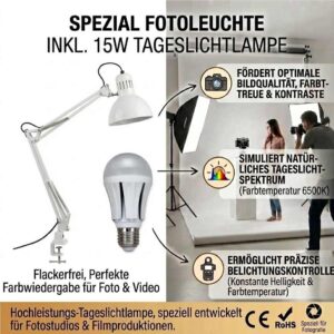 Fotoleuchte Ara inkl. Vollspektrum LED Tageslichtlampe 15 W 1320 lm 6500 K flimmerfrei – Bild 2