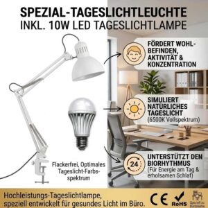 Schreibtischleuchte Aries inkl. Vollspektrum LED Tageslichtlampe 10 W 1000 lm 6500 K flimmerfrei – Bild 2