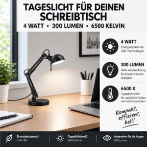 Schreibtischleuchte Merkur mit LED Vollspektrum Tageslichtlampe 4 W 300 lm 6500 K flimmerfrei – Bild 2