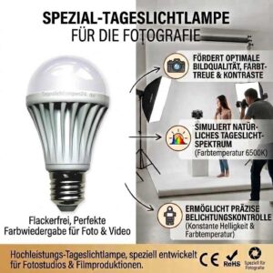 Fotostudio Lampe flimmerfrei LED E27 10 W 1000 lm Tageslicht 6500 K Vollspektrum Dauerlicht für Video und Softbox – Bild 2