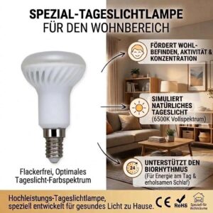 E14 LED Vollspektrum Tageslichtlampe Wohnraum 2er Set 5 W 450 lm 6500 K flimmerfrei – Bild 2
